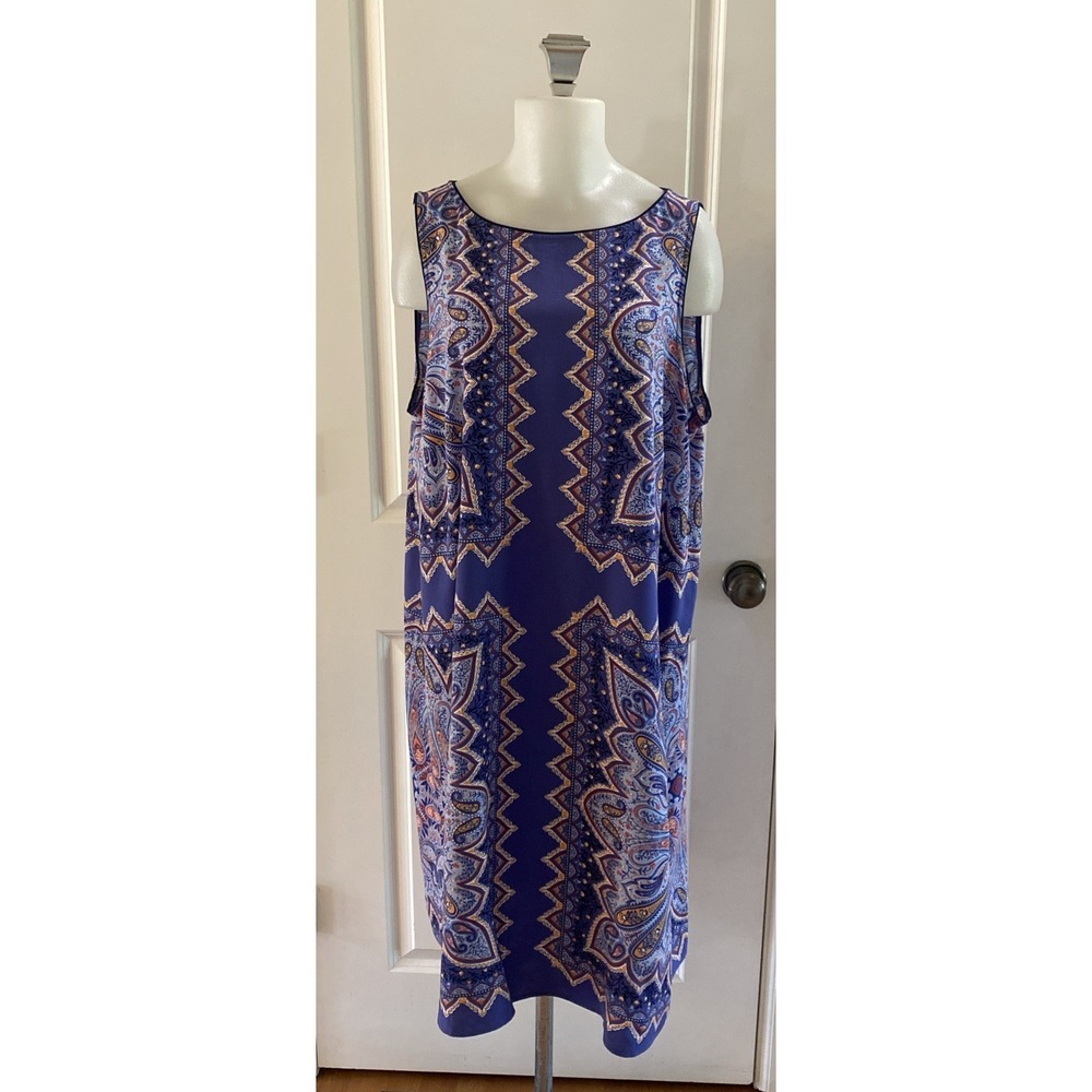 J. Jill Womens Blue Floral Print Sleeveless Knee Length Dress- Size XL T